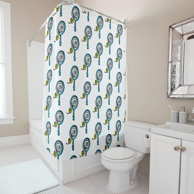 Tennis racket and ball pattern shower curtain (In Situ)