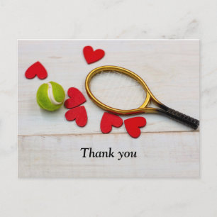 Tennis racket and ball with love red heart postcard