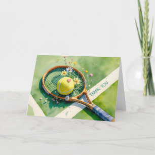 Tennis racket and ball with love red heart thank you card