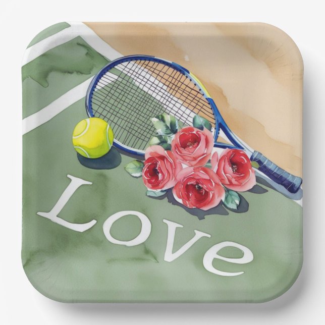 Tennis racket and ball with word LOVE on court Paper Plate (Front)