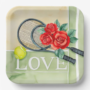 Tennis racket and ball with word LOVE on court Paper Plate