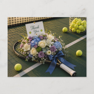 Tennis  racket and flowers on the court  postcard