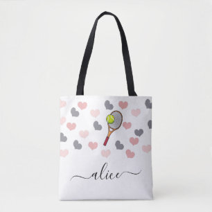 Tennis Racket Ball & Cute Pink Heart Girls Name Tote Bag