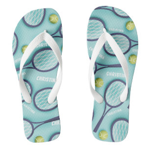 Tennis Racket Ball & Kids Girls Name Pattern Blue Jandals