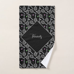Tennis Racket & Ball Pattern Black Personalised Hand Towel