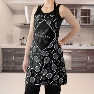 Tennis Racket Ball Pattern Initial & Name Monogram Apron