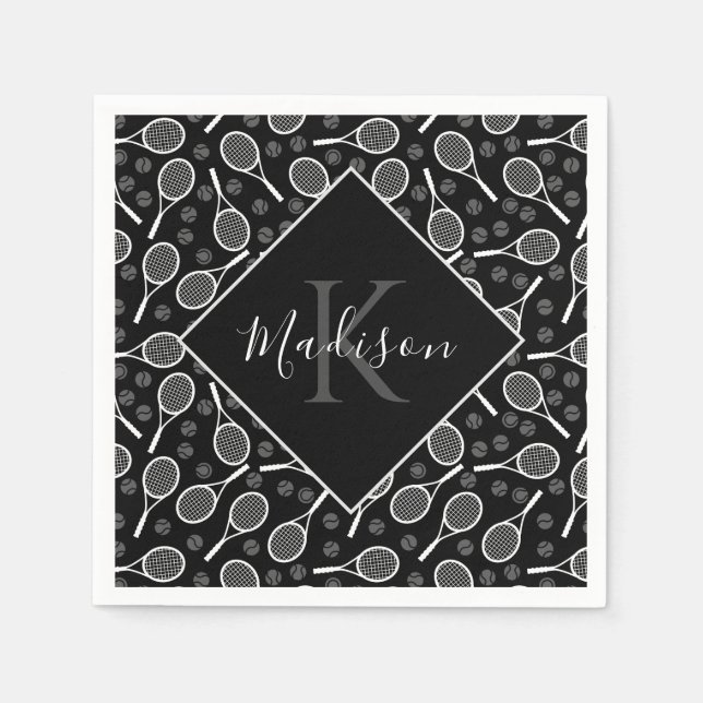 Tennis Racket Ball Pattern Initial & Name Monogram Napkin (Front)