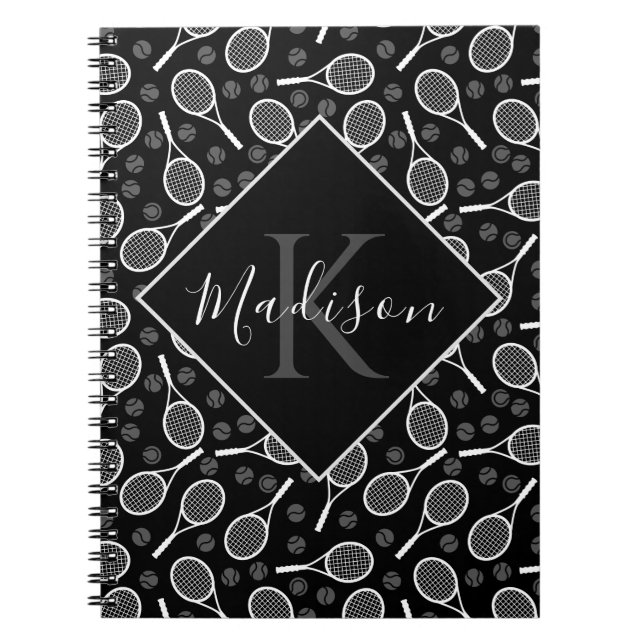 Tennis Racket Ball Pattern Initial & Name Monogram Notebook (Front)