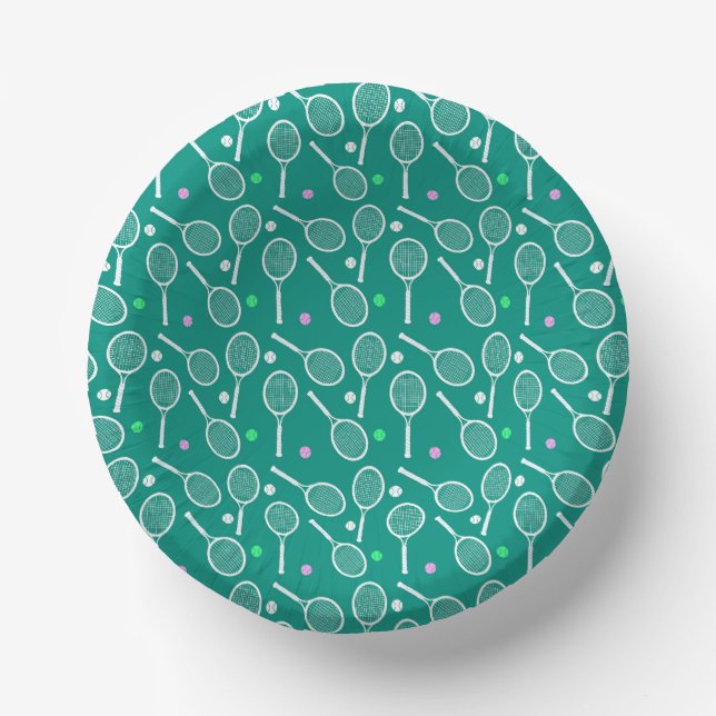 Tennis Racket & Ball Pattern Retro Emerald Green  Paper Plate (Front)