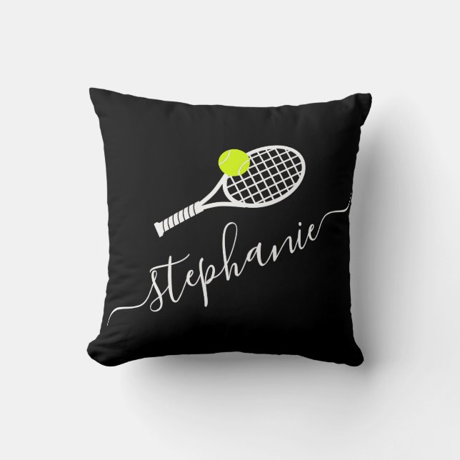Tennis Racket Monogram Name Throw Pillow (Front)