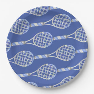 Tennis racket on blue background party paper plate