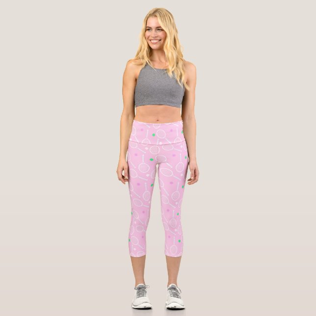 Tennis Racket Pattern Pastel Pink  Capri Leggings (Front)