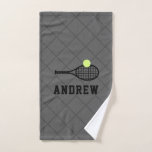 Tennis Racket Personalised Grey Sport Hand Towel<br><div class="desc">Grey and black personalised tennis design kitchen or sports bag towel with a bold and sporty masculine monogram,  name,  or custom text and tennis racket and ball icon with a faded net pattern background.</div>