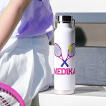 Tennis racket pink blue white yellow personalised  water bottle<br><div class="desc">Tennis two racquets and ball design in bright pink,  yellow and navy blue on a sporty water bottle,  personalise with your own name,  coach or tennis club,  currently reads Medika. Original graphic art and design by Sarah Trett for www.mylittleeden.com</div>