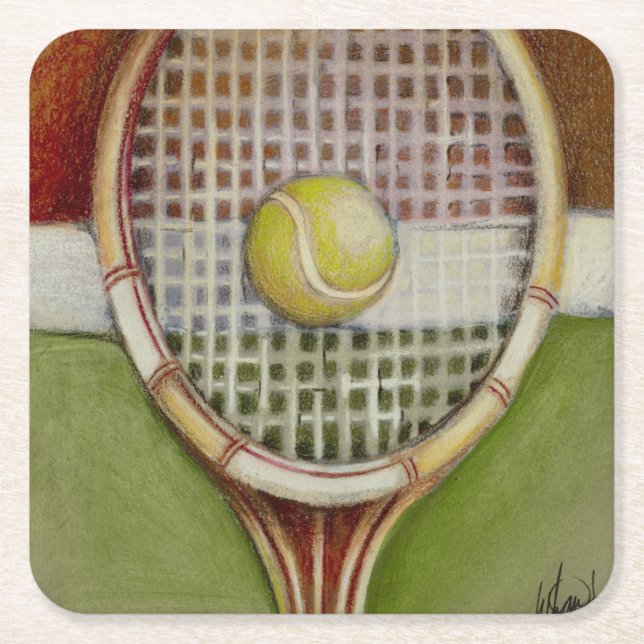 Tennis Racket with Ball Laying on Court Square Paper Coaster (Front)