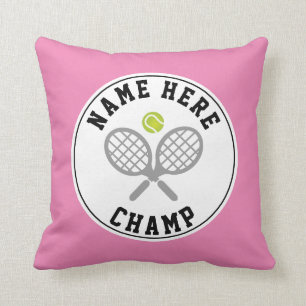 Tennis rackets and ball champ and player name pink cushion