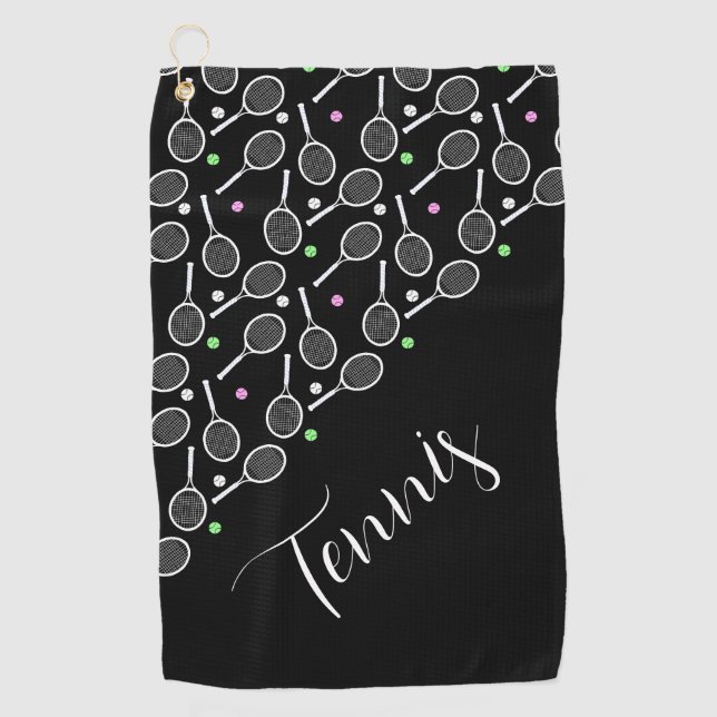 Tennis Rackets and Balls Black Personalised   Golf Towel (Front)