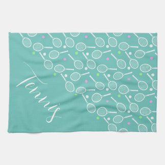 Tennis Rackets and Balls Dusty Green  Tea Towel