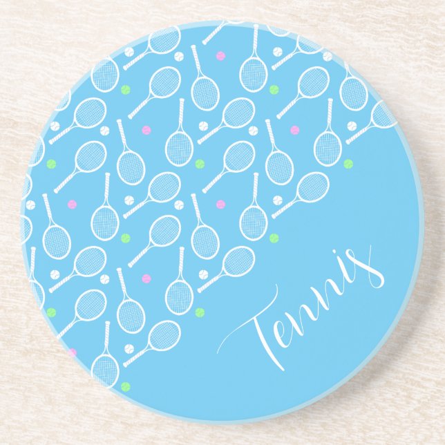 Tennis Rackets and Balls Light Blue Coaster (Front)