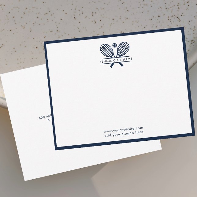 Tennis Rackets Icon Club Name Navy Blue Borders Thank You Card (Lawn Tennis Club Custom Navy Blue Rackets Motif Note Cards)