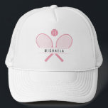 Tennis Rackets & Name Tennis Player Trucker Hat<br><div class="desc">Tennis player's trucker hat, specially designed for tennis enthusiasts who love to hit the court in style. Featuring vintage style tennis rackets crossed in classic fashion with a tennis ball, this hat captures the essence of the game's timeless appeal. Personalise your hat with your name, adding a touch of individuality...</div>