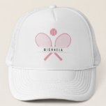 Tennis Rackets & Name Tennis Player Trucker Hat<br><div class="desc">Tennis player's trucker hat, specially designed for tennis enthusiasts who love to hit the court in style. Featuring vintage style tennis rackets crossed in classic fashion with a tennis ball, this hat captures the essence of the game's timeless appeal. Personalise your hat with your name, adding a touch of individuality...</div>