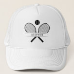 Tennis Rackets & Name Tennis Player Trucker Hat<br><div class="desc">Tennis player's trucker hat, specially designed for tennis enthusiasts who love to hit the court in style. Featuring vintage style tennis rackets crossed in classic fashion with a tennis ball, this hat captures the essence of the game's timeless appeal. Personalise your hat with your name, adding a touch of individuality...</div>