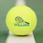 Tennis racquet and ball blue cyan graphic custom<br><div class="desc">Bright tennis racket and ball with your own name underneath graphic printed ball. Original graphic art and design by Sarah Trett for www.mylittleeden.com on Zazzle.</div>