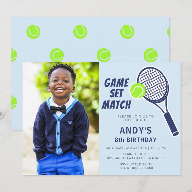 Tennis Racquet Blue Boys Photo Birthday Invitation (Front/Back)