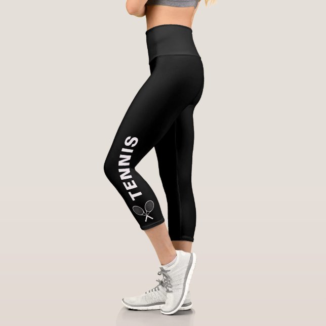 Tennis Racquet Custom Text or Team Name Black Capri Leggings (Left)