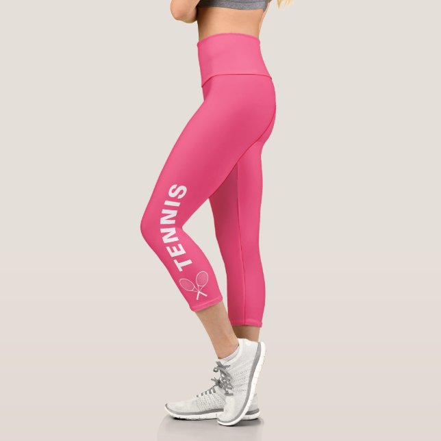 Tennis Racquet Custom Text or Team Name Pink Capri Leggings (Left)