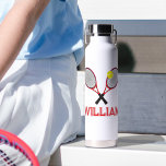 Tennis racquet red black white personalised  water bottle<br><div class="desc">Tennis two rackets and ball design in red,  yellow and black sporty water bottle,  personalise with your own name,  coach or tennis club. Original graphic art and design by Sarah Trett for www.mylittleeden.com</div>