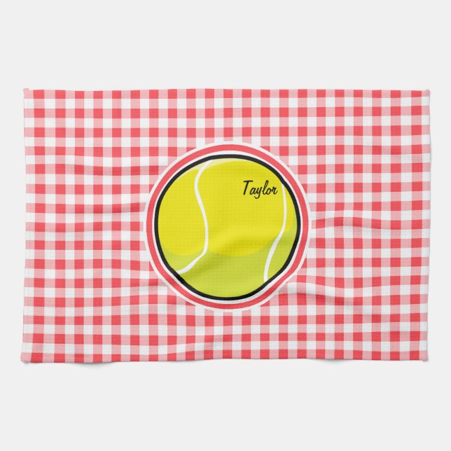 Tennis; Red and White Gingham Tea Towel (Horizontal)