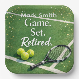 Tennis Retirement with racket and ball Paper Plate