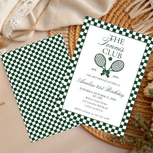 Tennis Retro Green Bow Birthday Invitation