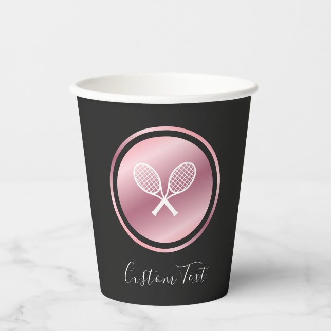 Tennis Rose Gold Rackets Custom Text Player Party Paper Cups (Front)
