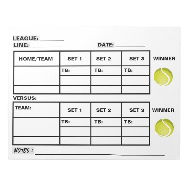 Tennis Score Pad - Tennis Score Sheets (Front)