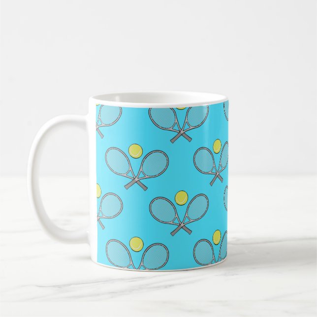 Tennis Seamless Pattern - Racket and Ball on Blue  Coffee Mug (Left)