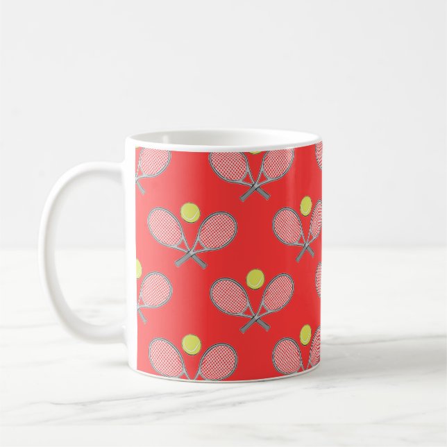 Tennis Seamless Pattern - Racket and Ball on Red   Coffee Mug (Left)