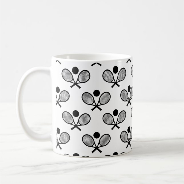 Tennis Seamless Pattern - Racket and Ball on White Coffee Mug (Left)