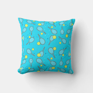 Tennis Seamless Pattern - Racket & Ball on Blue Ba Cushion