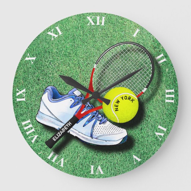 Tennis Shoe Ball Racket On Grass And Your Own Text Large Clock (Front)