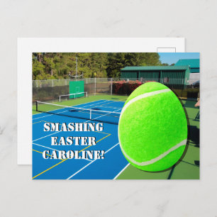 Tennis Smashing Easter with Tennis ball Easter Egg Holiday Postcard