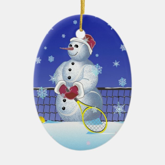 Tennis Snowman, Happy Holidays Ceramic Tree Decoration (Front)