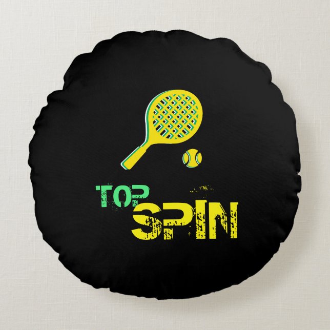 Tennis Sport Pop Art, Green & Yellow Racket & Ball Round Cushion (Front)