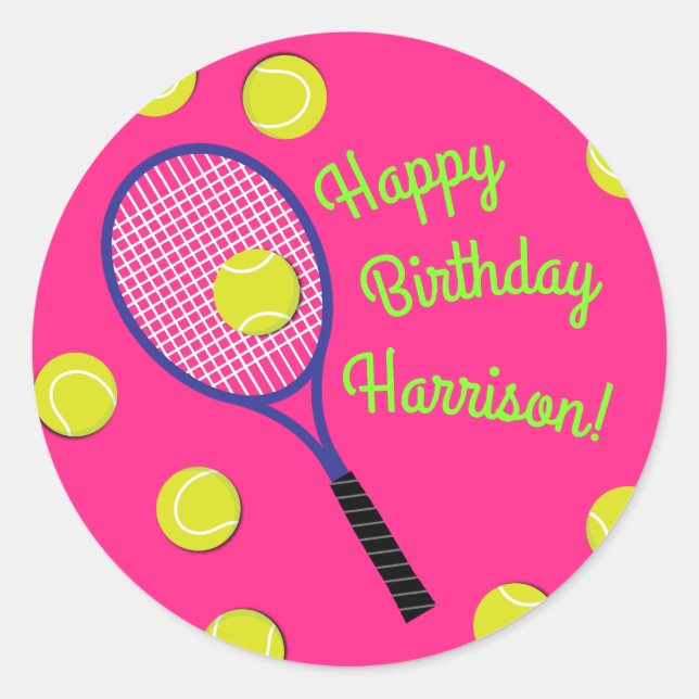Tennis Sports Birthday Party Pink Classic Round Sticker (Front)