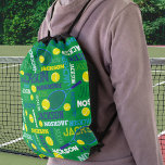 Tennis sports green white blue yellow custom name drawstring bag<br><div class="desc">Sports tennis ball and racquet on a green background personalised name bag. This typographical sports-themed patterned bag has tennis balls and racquets hitting the balls. In court green, dark blue, cyan, tennis ball yellow green and white. This fun sporty design can be customised with your own name, currently reads Jackson....</div>