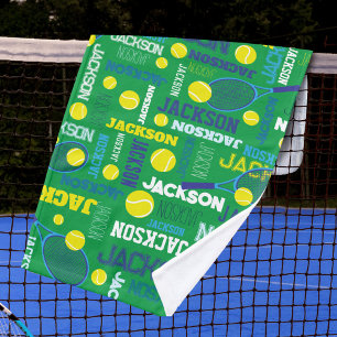 Tennis sports green white blue yellow custom name  hand towel