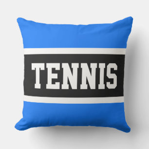 TENNIS Sporty 70s Bright Blue Black White Stripes Cushion