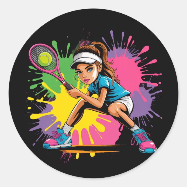 Tennis Star Girl Birthday Party Classic Round Sticker (Front)